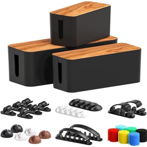 Cable Management Box 3 Pack with 16 Cable Clips Set-Large & Medium &Small Wooden - Picture 1 of 7